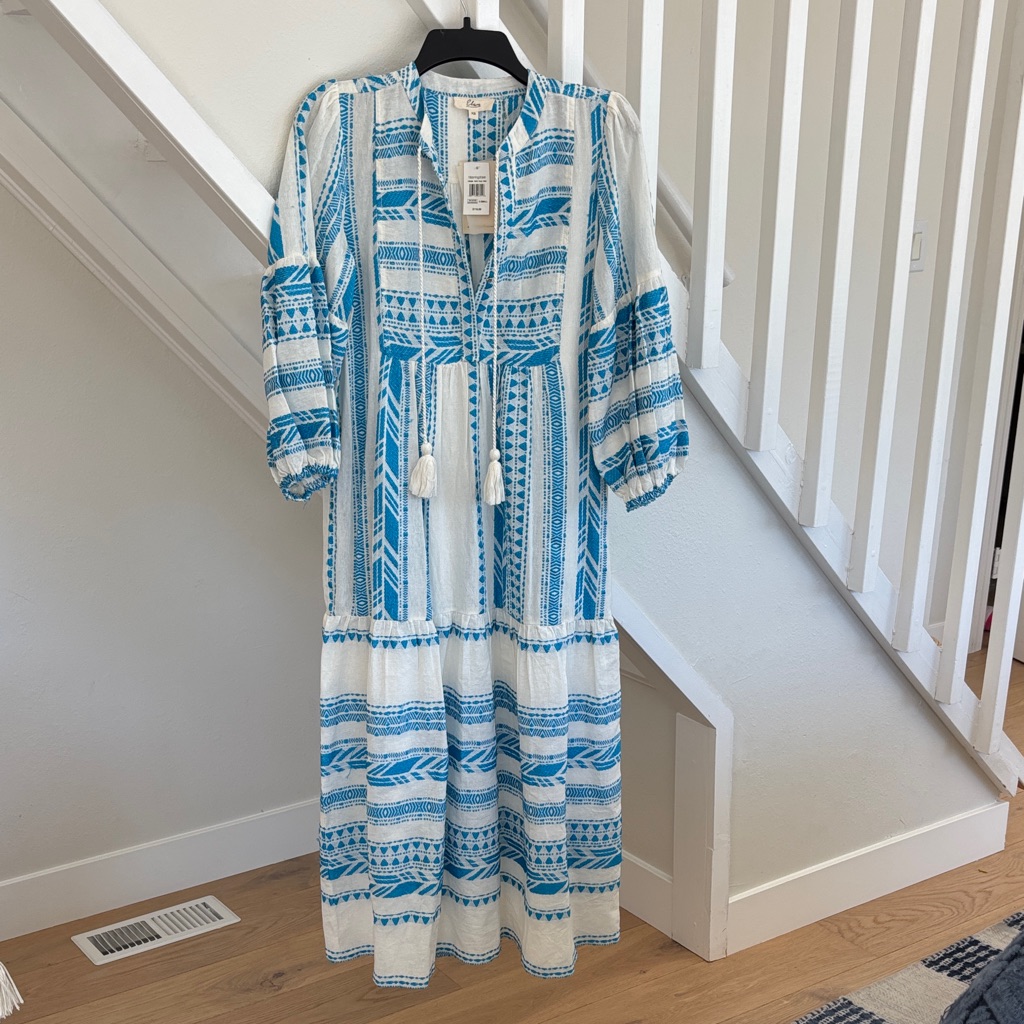 Elan White And Turquoise Blue Maxi Dress With Tassel Tie
